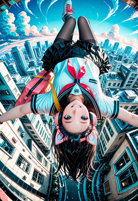 SmoothNoob_Quality, (ligne claire:1.2), (limited palette, no lineart, no outline), 1girl, solo, smile, long hair, black hair, looking at viewer, outstretched arms, spread arms, floating, midair, upside-down, school uniform, white shirt, pantyhose, pleated skirt, shoes, socks, black skirt, sailor collar, bag, black pantyhose, cat headphones, sneakers, shoulder bag, shoelaces, high tops, full body, from above, fisheye, outdoors,blue sky, cloud, city,building, <lora:SLE_v2:0.25>​​​ <lora:Smooth_Booster_v3:0.5>