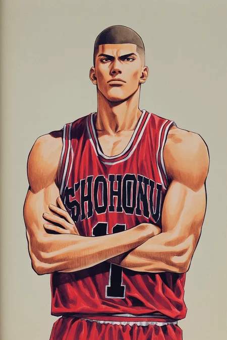 Akagi Takenori,1boy,male focus,solo,red basketball uniform,sportswear,crossed arms,muscular,simple background,traditional media,upper body,looking at viewer,basketball,bald,clothes writing,<lora:Inoue Takehiko_XL:0.8>,