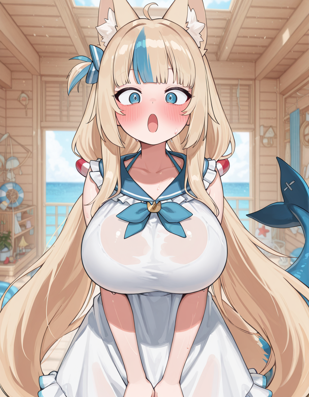 (masterpiece (quality), best quality:1.2), high quality, highres, absurdres
(solo:1.5)
anime style
((sameko saba)), human, humanoid, girl, animal humanoid, fox ears, vtuber, blonde, clothed, blue eyes, long hair, marine, blush, dress, looking at viewer
front view, surprised face, blush, bluishing, blush lines, open mouth, fan, sweat, sweating, huge breasts, dress, white dress
detailed background
 <lora:Sameko_Saba:1>