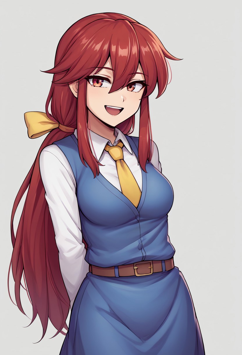 score_9, score_7_up, source_anime, source_cartoon, source_explicit, BREAK, 2d, colorful, aesthetic, illustration, speedyDORA, kotohime (touhou), long hair, red hair, red eyebrows, hair between eyes, bangs, sidelocks, low-tied long hair, tied hair, low ponytail, hair ribbon, yellow ribbon, red eyes, breasts, white shirt, collared shirt, long sleeves, yellow necktie, blue vest, brown belt, blue skirt, hands behind back, open mouth, smile, teeth, simple background, looking at viewer, facing viewer, standing in front of viewer, standing