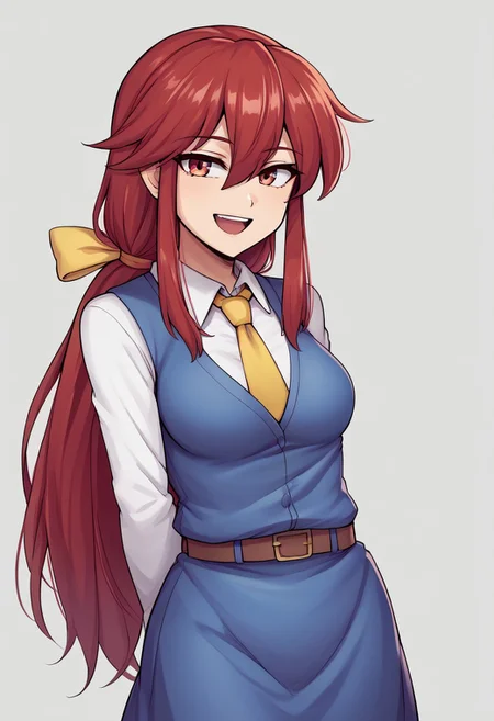 score_9, score_7_up, source_anime, source_cartoon, source_explicit, BREAK, 2d, colorful, aesthetic, illustration, speedyDORA, kotohime (touhou), long hair, red hair, red eyebrows, hair between eyes, bangs, sidelocks, low-tied long hair, tied hair, low ponytail, hair ribbon, yellow ribbon, red eyes, breasts, white shirt, collared shirt, long sleeves, yellow necktie, blue vest, brown belt, blue skirt, hands behind back, open mouth, smile, teeth, simple background, looking at viewer, facing viewer, standing in front of viewer, standing