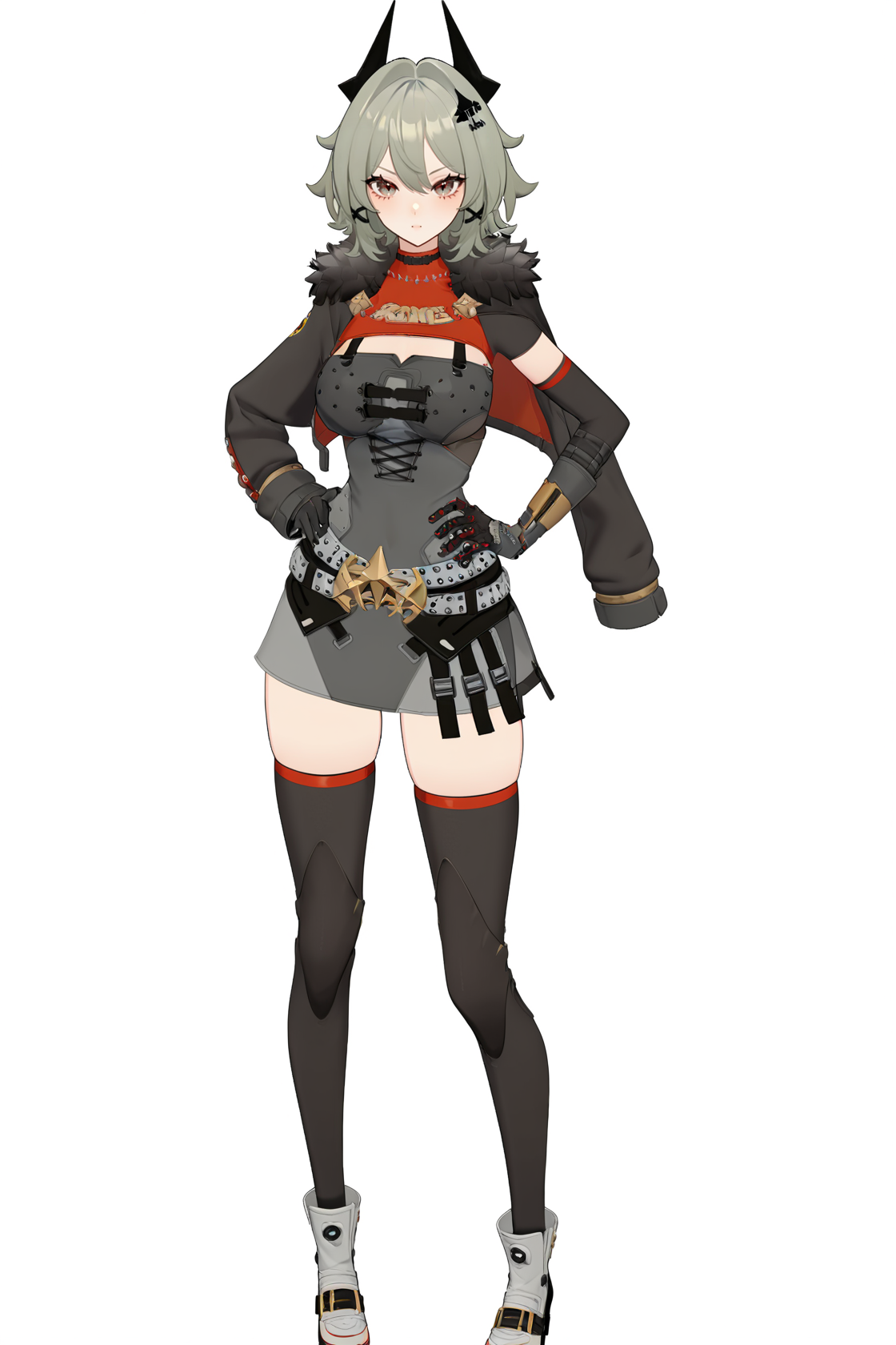 8k, best quality, masterpiece, (ultra-detailed), (high detailed skin), (by nanoless, by misumi \(macaroni\):0.25), 
full body, full shot, standing, looking at viewer, (solo:1.2), simple background, white background, hand on own hip, solo, 
<lora:kaisa-atw2-Tanger-000009:0.8>, hairclip, kaisa, default clothes, horns hair ornament, 1girl, thighhighs, gloves, black thighhighs, grey hair, breasts, cropped jacket, black gloves, short hair, 
A full-body portrait of a young girl, standing gracefully, pastel art style, high-key lighting, shoujo manga influence, hd quality, delicate details,