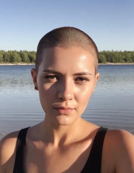 amateur cellphone photography Small-framed woman with Natural brown Buzz cut hair at hypersaline lake . f8.0, samsung galaxy, noise, jpeg artefacts, poor lighting,  low light, underexposed, high contrast