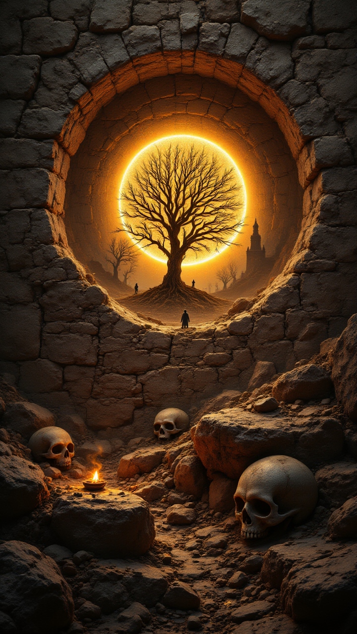 petroglyph of a landscape of a Bikaner and Skulls, studio lighting, highly complex, complex, aidmafluxpro1.1
