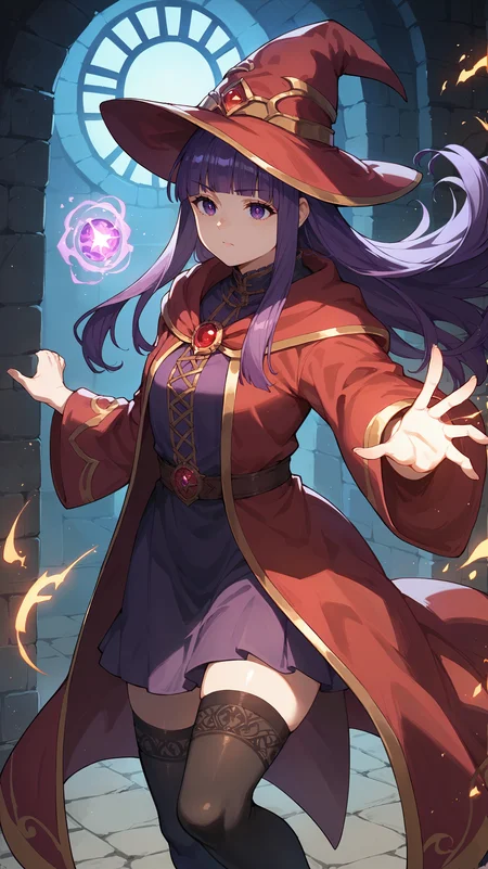 score_9,score_8_up,score_7_up,score_6_up, <lora:xl_more_art-full_v1:0.5>, source_anime, girl, dynamic pose, chin in hand, <lora:Fern - Pony:0.8>, long hair, purple hair, blunt bangs, sidelocks, purple eyes, pointy hat, wizard hat, red wizard robe, dungeon, magic, black thighhighs, effects,