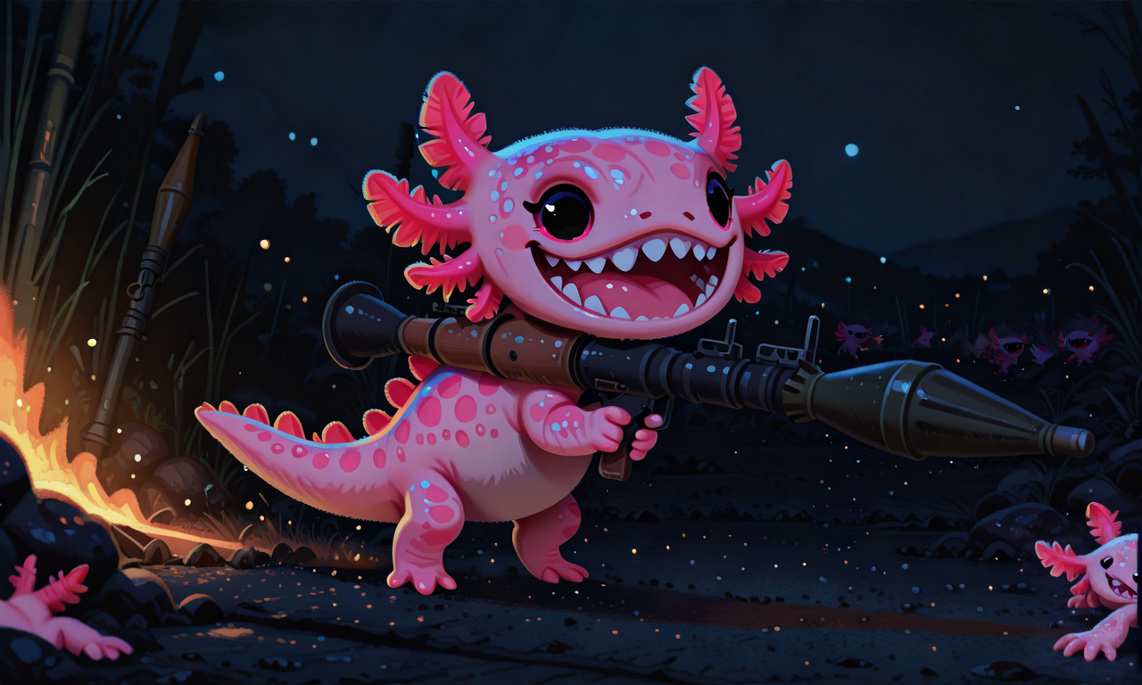 embedding:IllusP0s, pikaole, rpg_\(weapon\), shouldered, aiming, axolotl, evil laugh, sharp teeth, outdoors, night, solo,<lora:rpg_weapon_ill.safetensors:1.0:1.0> <lora:pikaole_ill.safetensors:1:1> <lora:axolotl_ill_v2.safetensors:0.8:0.8>