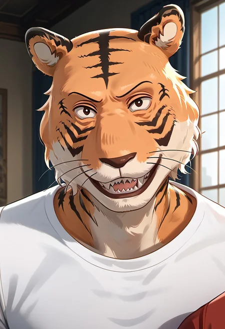 score_9_up, score_8_up, score_7_up, masterpiece, best quality, amazing quality, very aesthetic, absurdres, newest, high quality, detailed, BillBeastars, 1boy, male, anthro, bengal tiger, broad shoulders, brown eyes, muscular male, athletic build, orange fur, black stripes, sharp teeth, white shirt, red pants, theatre club, drama club, smile, looking at viewer, half-body, detailed background
