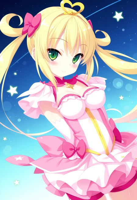 (best quality , masterpiece, good quality), sfw, general, 1girl, solo, magical girl, blonde hair, green eyes, medium breasts, dutch angle, blush, smile, looking at viewer, <lora:kannagireistyle_ilxl:1>, kannagireistyle,