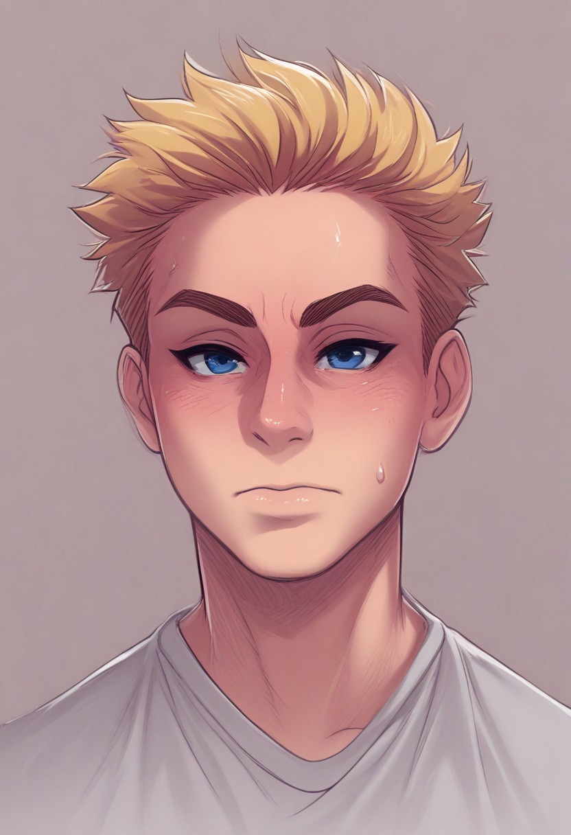 score_9, score_8_up, score_7_up, score_6_up, melkormancin-dh, TSMPK Style, 1guy, solo,blonde hair, looking at viewer, closed mouth, white T-shirt, grey sweatpants, blue eyes, fair skin, upper body,