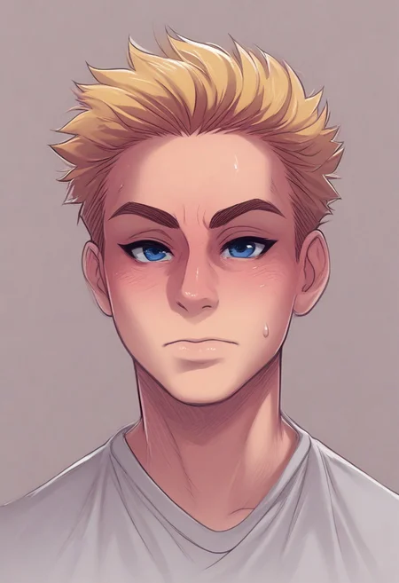 score_9, score_8_up, score_7_up, score_6_up, melkormancin-dh, TSMPK Style, 1guy, solo,blonde hair, looking at viewer, closed mouth, white T-shirt, grey sweatpants, blue eyes, fair skin, upper body,