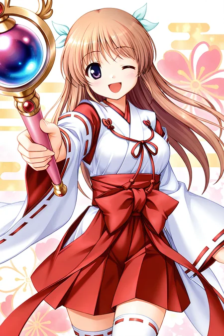 masterpiece, best quality, absurdres, official art, official style, rating general BREAK <lora:shirasakitsugumi_IL_v1-1:0.7>, shirasaki tsugumi, 1girl, solo, purple eyes, blue eyes, light brown hair, long hair, two side up, hair ribbon, white ribbon, light green ribbon, medium breasts, one eye closed, open mouth, smile, japanese clothes, miko, white thighhighs, ribbon-trimmed sleeves, blush, looking at viewer, ribbon-trimmed legwear, zettai ryouiki, hakama short skirt, wide sleeves, red hakama, foreshortening, detached sleeves, nontraditional miko, red ribbon, flower, cowboy shot, long sleeves, outstretched arm, cloud, fingernails, red bow, waist bow, red sash, holding wand, floral background