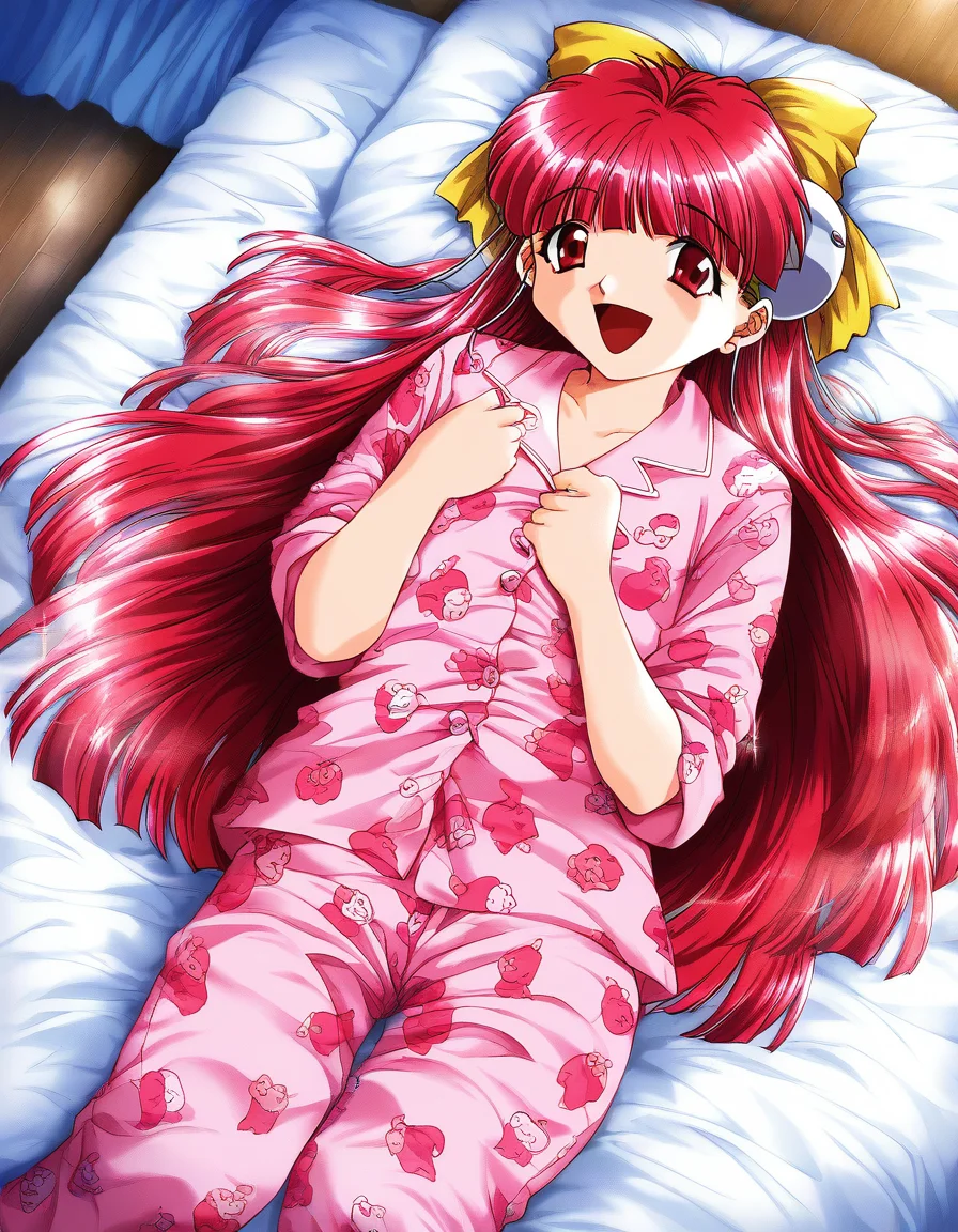 score_9, score_8_up, score_7_up, source_anime, rating_explicit, BREAK <lora:Nanako_RISE_XL:1>ãNanako_RISE, long hair, red hair, red eyes, bangs, hair bow, headgear, yellow bow, solo,
pink pajamas, animal print, lying, open mouth, happy, long pants,
bed room, flooring,