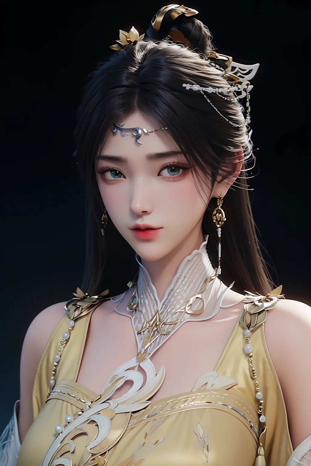 <lora:jinpinger:1>,jinpinger,1girl,hair ornament,jewelry,earrings,solo,black hair,forehead mark,facial mark,long hair,looking at viewer,dress,yellow dress,closed mouth,upper body,(simple background:1.3),bare shoulders,beads,(black background:1.3),, best quality , masterpiece, illustration, an extremely delicate and beautiful, extremely detailed ,CG,unity,8k wallpaper, Amazing, finely detail, masterpiece, best quality,official art,extremely detailed CG unity 8k wallpaper,absurdres, incredibly absurdres, huge filesize , ultra-detailed, highres, extremely detailed,beautiful detailed girl, extremely detailed eyes and face, beautiful detailed eyes,light on face,