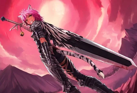 masterpiece, very aesthetic, anime screenshot, 1girl, Pink_PonyXL, DragonSlayerSword-Il.V1.0, white tiger striped armor, white tiger striped shoulder armor, gauntlets, greaves, bandaged arm, white tiger striped cape, torn cape, bright pink hair, cat ears, scar on nose, cat bell around neck, tanned, white tiger tail, small breasts, femine body, smiling, making a cute cat face, single fanged tooth showing, standing, looking at viewer, side view, wielding-dragonslayer, huge weapon, sword, holding sword, holding weapon, zoomed in on pink_ponyxl, Dutch angle, upper body
Break
Hyilian lake, bright and sunny,