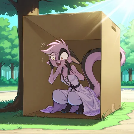 1girl,solo,furry,pink fur,tail,ears,source_furry,
,<lora:Viriathus_Vayu_illustrious:0.8>,
child, kid,
Hiding in a Cardboard Box in a Parkm cardboard_box, hiding, park, dress, sunlight, grass, trees, giggling, surprise , crouched in a cardboard box, dress peeking out, giggling in a sunlit park with grass and trees