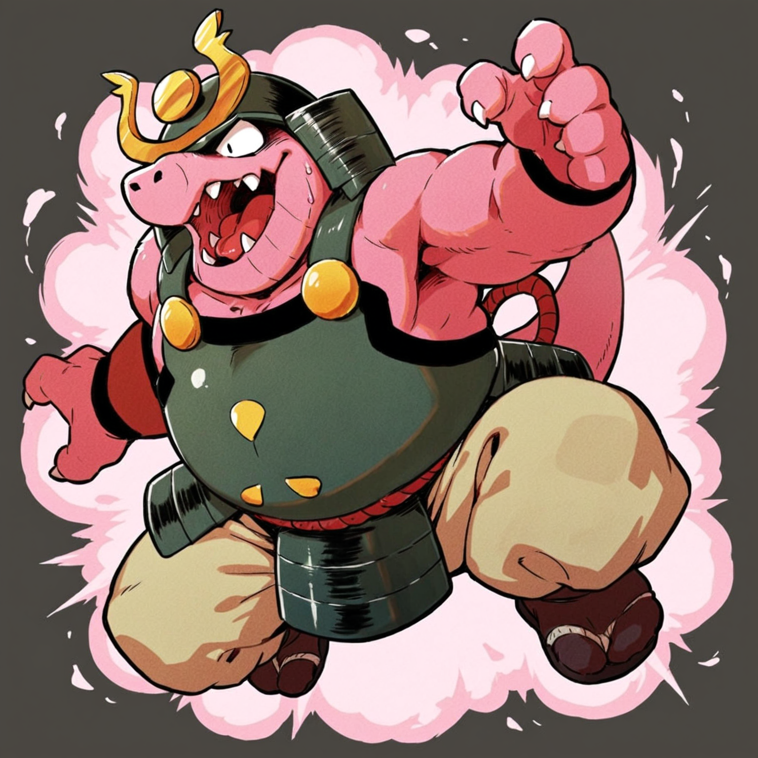 score_9, score_8, masterpiece, (no_human), perfect_scales, perfect body, perfect_face, perfect_eyes, anthro, male focus, furry male, 1boy, (perfect_anatomy, ultra best anatomy),Daimyo dragon,kabuto \(helmet\),armor,pink body,tail,fang, upper body, dynamic pose, dynamic angle,kusazuri,beige pants,boots, full body