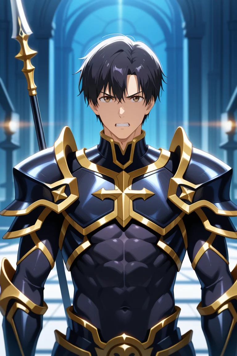 masterpiece, best quality, amazing quality, very aesthetic, high resolution, ultra-detailed, absurdres, newest, scenery, volumetric lighting, depth of field,anime screencap, , , 1boy, solo, male focus, <lora:yexiu:0.70>Ye Xiu, black hair,brown eyes, short hair,Looking at viewer, holding, weapon, teeth,armor, bodysuit, clenched teeth,shoulder armor, polearm,black armor,abs,upper body