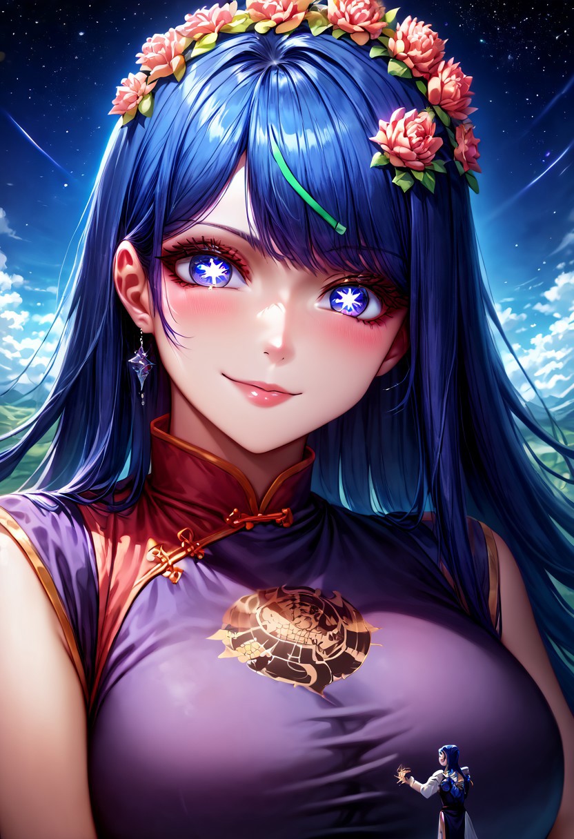 gorgeous lips, cinematic, (masterpiece), (best quality), (ultra-detailed), very aesthetic, perfect composition, intricate details, absurdres, detailed face, (anime, masterpiece, intricate:1.3), (best quality, hires textures, high detail:1.2), score_9, score_8_up, source_anime, 1girl, Liko, blue hair, short hair, green hairclip, blue eyes, very long hair, symbol-shaped pupils, crystals, flower crown, ruanyi0604, purple dress, china dress, floral print, stiletto high heels, large breasts, facial expression, loving, flirting, amused, smiling, head tilt, soft eyes, jvdaniang, goddess, planet size, giantess, giantess in space, in space, giant goddess, humongous body, lying down on planet, giantess lying down on planet, space, galaxies, small planets, floating objects, gradient eyes, beautiful detailed eyes, Side view, solo, (masterpiece:1.4), (best quality:1.4), (ultra-detailed:1.2), gl0w, glow, Extreme Size Difference,