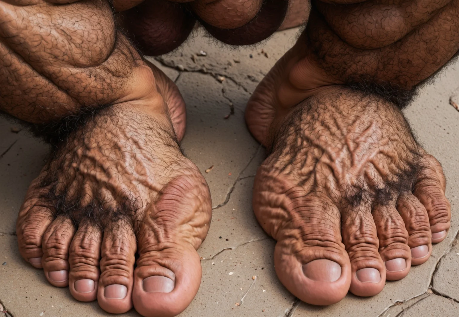 close up view of a male bodybuilder's large muscular wide thick feet as seen from above, exactly 5 toes on each foot, thick wide feet, thick toes, extremely hairy back of foot, extremely hairy toes