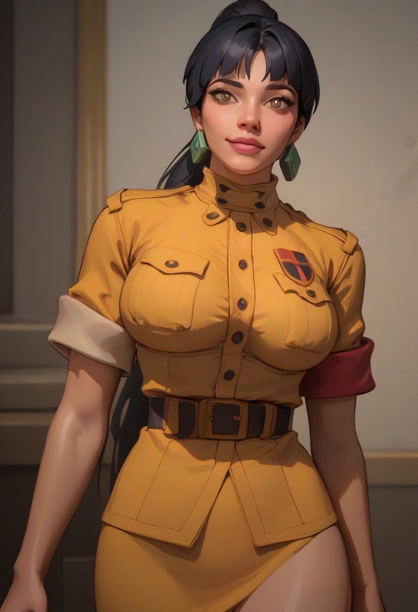 (score_9, score_8_up, score_7_up), score_6_up, best quality, masterpiece, extreme detail, perfect lighting, 4k, 2d, rating_explicit, nsfw, very detailed, best quality, highly detailed texture, depth of field, masterpiece, BREAK,  1girl, ChelXLP, chel, black hair, majestic,beautiful bright pupils, black hair, ((ponytail)),green earrings, cute face, (gorgeous face:1.3), (skin detail:1.3), (shadows:1.3), (oily, shiny:1.3), long hair, large breasts,perfect body,
((( 
Main Outfit
))), 
front view, looking at viewer,interior shot, expensive, detailed, intricate details, camera, fantasy, solo focus,epic, concept art, realistic, highly detailed, realistic,((( cowboy shot))), tan skin,Sculpted grace
