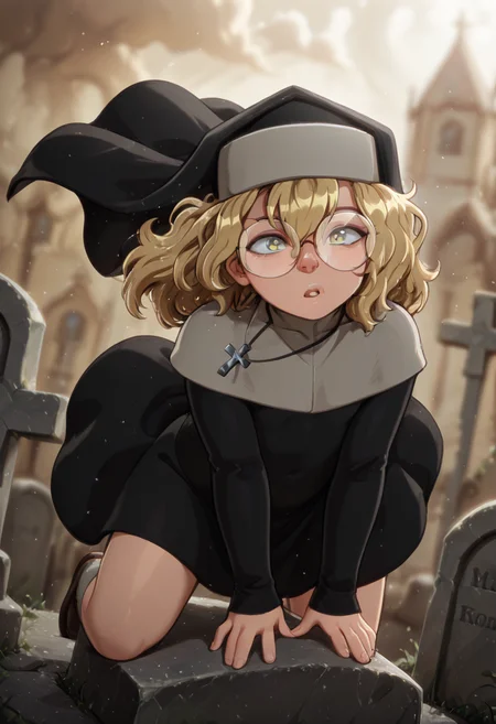 masterpiece, best quality, 32k, high resolution, absurdres 
1girl, solo, mack, blonde hair, glasses, yellow eyes
 habit, nun , nun dress, cross necklace,
dynamic pose, jumping, in the air, jumps over a tombstone
outdoors, graveyard, old church in the background, day, cloudy, graves, tombstones
light particles, dynamic angle,  cinematic angle, various angles, detailed background, beautiful background, (rays light:1.0),(grow:1.0) vivid colors, shiny and glossy, anime style, high-res, beautiful aesthetic, very intricate, high-quality details, vibrant, 
<lora:add-detail-xl:1.10> <lora:spo_sdxl_10ep_4k-data_lora_webui:0.95> <lora:noobai_ep11_stabilizer_v0.138_fp16:0.6> <lora:StS-Illustrious-Detail-Slider-v1.0:1.10> <lora:cfg_scale_boost:0.95> <lora:nyalia:0.20>  <lora:MacKillop_illustrious:1>