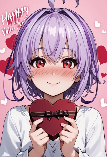 score_4,score_5,score_6,score_7_up,score_8_up,score_9 ((masterpiece,best quality,ultra detailed,highres,HD,4k:1.2)),
1girl, solo,solo focus,girl focus,face focus,
Joule(GV1),Purple hair,side locks,ahoge,multicolored hair,short hair, red eyes,
upper body,
pov,from the front, front view, front angle,
Happy Valentine's Day, Valentine's chocolate, holding wrapped chocolate,
heart background,
full face blush,Embarrassing,smile,closed mouth,