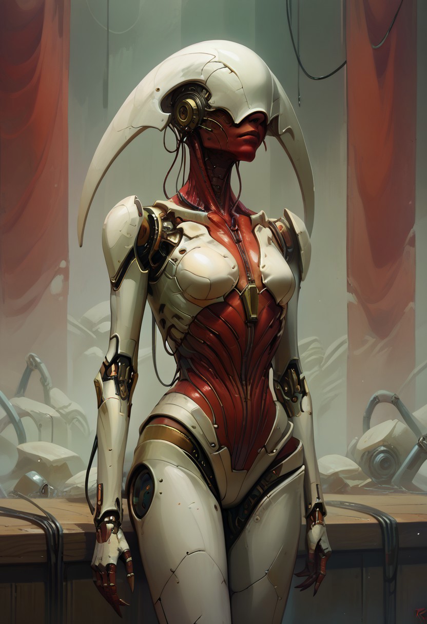 score_9, score_8_up, score_7_up, score_6_up, score_5_up, score_4_up,
cowboy shot, 
1girl, monster, no humans, red skin, colored skin, armor, breasts, helmet
reelmech, mechanical parts, cable, wires, machinery, joints, 
mcnm