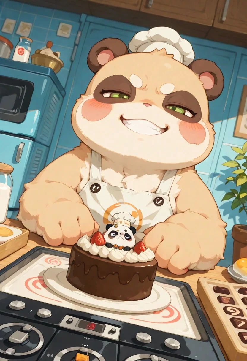 masterpiece, newest, absurdres, incredibly absurdres, best quality, amazing quality, very aesthetic, no lineart, no outline, ((no humans, chubby panda baking bamboo cake, grumpy expression, grin, frowned, Close-set eyes, with a small mouth just below, soft fur, fluffy, hot steamy cake, loaded interior, depth of field, usnr, S4bit4mago_illu, dynamic angle, comedic)), big black patches around eyes, short limbs, big head, 1 to 1 head to body ratio, big forehead, Plump little hands:, chubby hands, fat little fingers, short fingers, chubby cheeks, full round face, chipmunk cheeks, adorable, tiny chef hat, cooking apron, in kitchen, futuristic ovens, rotary ovens, planetary mixers, spiral mixers, light green cabinets with white tops, refrigerators, dough sheeter, mixingbows, rolling pins, piping bags, pans and tins, cake decorating turntable, eggs, bottled milk, potted plants, bar chocolate,