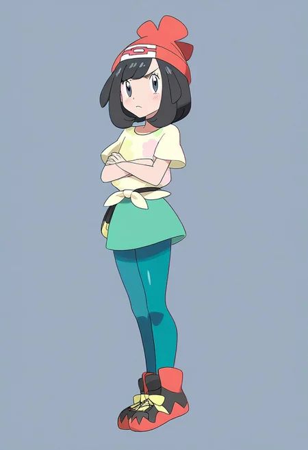 tongue, c0smi5, pokemon, pokemon_sm, selene_(pokemon), akari (pokemon), solo, black eyes, black hair, long hair, red scarf, blue jacket, blue pantyhose, blue skirt, miniskirt, ponytail, white headscarf, japanese clothes, black sash, hair between eyes, black_hair, blush, closed_mouth, crossed_arms, frown, glaring, grey_eyes, hat, jitome, looking_at_viewer, medium_hair, red_hat, shirt, short_sleeves, solo, Selene_(Pokemon), TzigoCBS, yellow_shirt, original anime style, full body