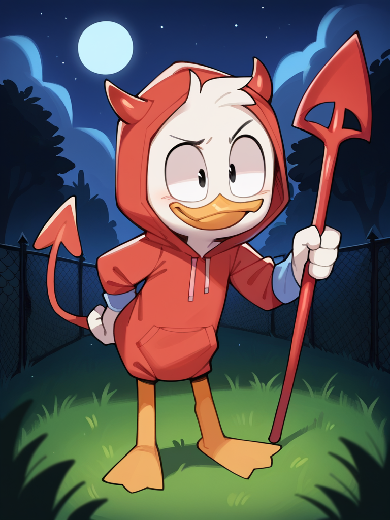 score_9, score_8_up, score_7_up, score_6_up, score_5_up, best quality, highres, source_furry, gjem, (outdoors, night, halloween:1.2)
1boy, male, solo, young, duck, beak, deweypdxl, red onesie, bodysuit, beak, red legs, hood up, red demon horns, devil tail, black pitchfork, smug, white body, leaning forward, hair tuft, <lora:Dewey_Duck:0.9>
