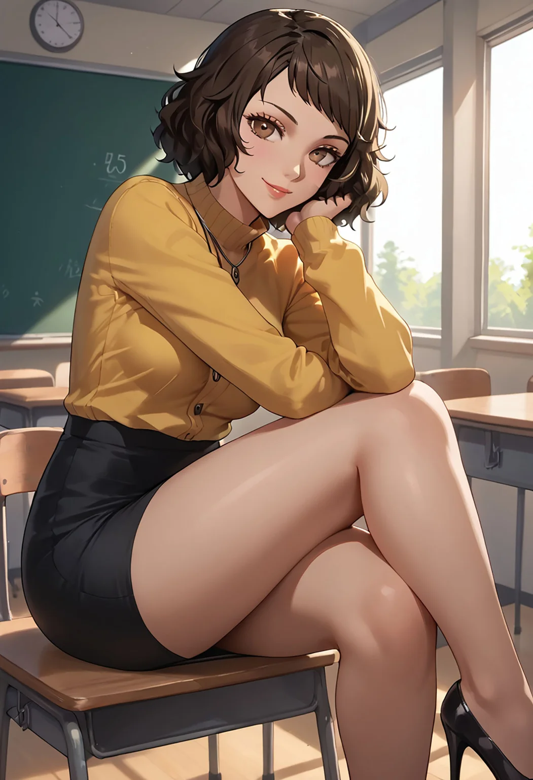 score_9, score_8_up, score_7_up, Masterpiece, beautiful, perfect eyes, perfect face, (adult:1.7), sexy, Kawakami Sadayo (Persona 5, medium teardrop breasts, dark brown eyes, medium brown hair, yellow shirt, long sleeves, pencil skirt, black skirt, black high heels, petite body), sitting, sitting on desk, legs crossed, face focus, breast focus, looking at viewer, smiling, seductive, classroom, day, beautiful cinematic lighting, volumetric lighting, dramatic lighting <lora:add-detail-xl:0.9> <lora:Smooth Anime Style LoRA XL:0.6> <lora:g0th1cPXL:0.4> g0thicPXL <lora:persona5_kawakami-14>