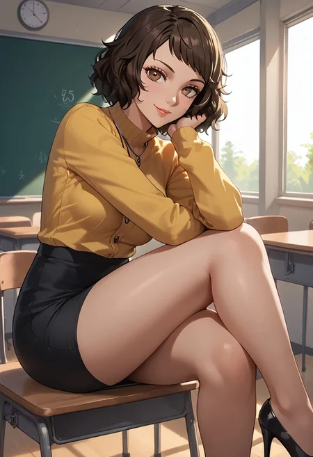 score_9, score_8_up, score_7_up, Masterpiece, beautiful, perfect eyes, perfect face, (adult:1.7), sexy, Kawakami Sadayo (Persona 5, medium teardrop breasts, dark brown eyes, medium brown hair, yellow shirt, long sleeves, pencil skirt, black skirt, black high heels, petite body), sitting, sitting on desk, legs crossed, face focus, breast focus, looking at viewer, smiling, seductive, classroom, day, beautiful cinematic lighting, volumetric lighting, dramatic lighting <lora:add-detail-xl:0.9> <lora:Smooth Anime Style LoRA XL:0.6> <lora:g0th1cPXL:0.4> g0thicPXL <lora:persona5_kawakami-14>