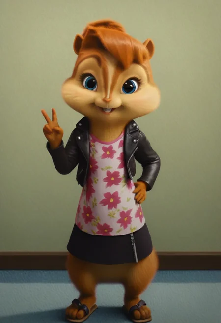 score_9, score_8_up, score_7, score_6, detailed background, indoors , lounge, windows, painted walls, brittany miller, chipmunk, furry, short ears, white floral shirt, black leather jacket, floral mini skirt, sandals, standing, hand on hip, peace sign, looking at viewer, front view, cute smile, 6 inches tall