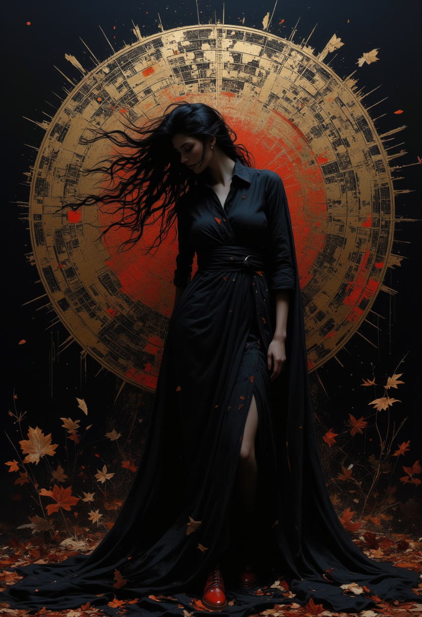 fashion photography,(full body:1), Hyper-realistic full-body artwork titled 'Synthesis,' inspired by I.A. Vepkhvadze (1976) and Yumihiko Amano. A hidden young woman in a dynamic pose, her form almost a silhouette, blending strong abstraction with hyper-detailed elements. Her long hair flows organically, merging with the tricolor organic background in shades of deep crimson, black, and gold. The background is a chaotic yet harmonious mix of geometric patterns and organic shapes, evoking concepts like Möbius Cascade, Supernova Ripple, Luminous Fracture and Harmonic Collision. The woman's pose conveys pain and tension, her body twisted as if caught in an invisible force. Her figure is partially obscured, with sharp, angular lines cutting through her form, creating a sense of fragmentation and abstraction. Lighting is dramatic, with stark contrasts between light and shadow, emphasizing the textures of her skin and hair. The overall composition is surreal yet hyper-realistic, blending emotional depth with mathematical and scientific symbolism. The atmosphere is intense, with a haunting beauty that draws the viewer into the woman's struggle and the abstract world around her., noir-like atmosphere, enhancing the subject’s enigmatic presence., (the ICON inscription), . 
  .

An otherworldly atmosphere.  Epic.. The overall composition feels cinematic, blending high fashion with a science fiction aesthetic. . . (Depth of field), low saturation,detail. ,,. ,,. masterpiece, best quality, medium-format camera, high-contrast, dramatic lighting, striking composition, . (Depth of field), low saturation,detail. mythp0rt, charismatic., ,,. masterpiece, best quality, dramatic lighting,. 

 An otherworldly atmosphere.
(Depth of field), low saturation,detail. mythp0rt Stylish, charismatic.PA
,,sNOW wHITE,   

 (Depth of field), low saturation,detail. mythp0rt Stylish, charismatic., belle
 
(Depth of field), low saturation,detail. mythp0rt Stylish, charismatic. ,.

, low saturation,detail. mythp0rt Stylish, charismatic. ,,aidmamj6.1,ne0nfant4sy, The background is minimalist, a gradient of shadowy blue tones, amplifying the ethereal and futuristic ambiance of the scene. . Thin border of tiny maple leaves that glitch and fade around the edges overlaid on a black border background...

with rays of sunlight piercing through the misty atmosphere. masterpiece. An otherworldly atmosphere, Mysticism. mythp0rt, 

(Depth of field),detail. mythp0rt, Stylish, charismatic.



,  Otherworldly atmosphere. aidmamj6.1
(Depth of field), low saturation,detail. mythp0rt Stylish, charismatic.c.


(Depth of field),,detail. mythp0rt Stylish, charismatic. ,aidmamj6.1,ne0nfant4sy,.
<lora:domiswaunfluxmini:1>
