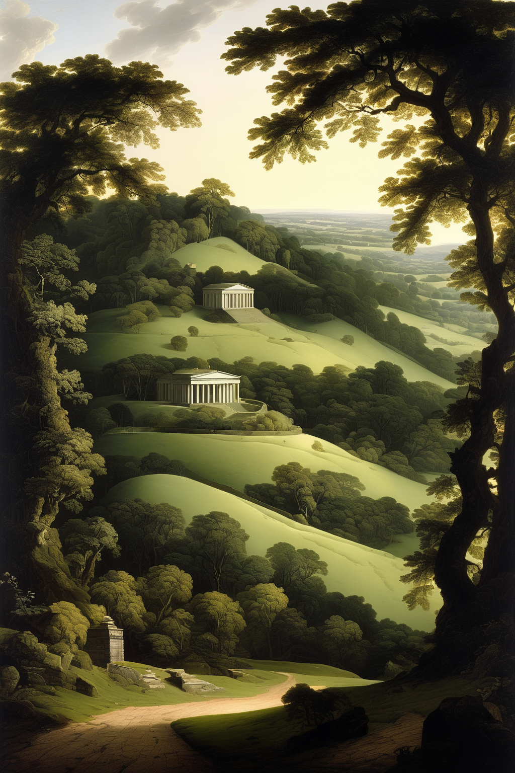 Joseph Wright Of Derby Style - 8k, rolling green english hills with lush landscape and folly, dark lush planting on the sides and foreground