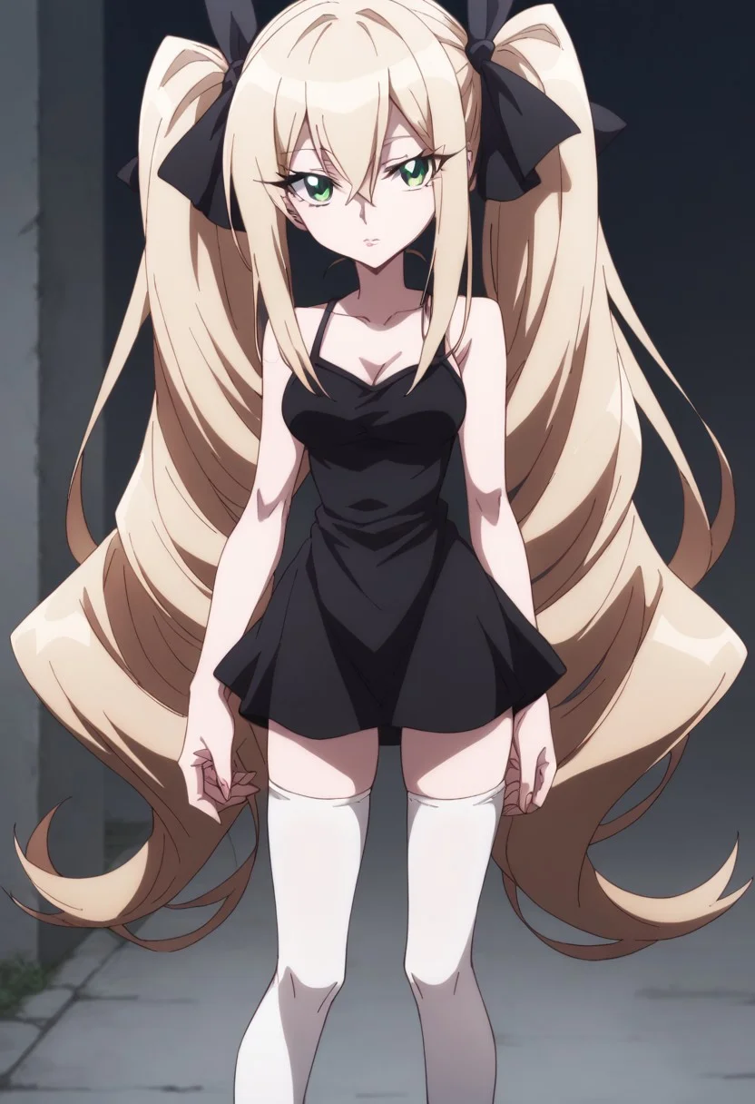 <lora:OshikiHitoshi_Pony:0.8>,score_9, score_8_up, score_7_up,OshikiHitoshi,1girl, <lora:PONY-aºº-a¤æa· a¯:0.8> ,close-up 1girl, solo, woman, looking at viewer, green eyes, lips, anime, 2d, anime style, anime touch, shamanking, MarionFauna,solo, marion, long hair, light blonde hair, thigh highs, black camisole mini dress, ribbon, hair between eyes, twintails, very long hair, hair ribbon,shoes, black footwear, white thighhighs, zettai ryouiki, black ribbon, 1girl, alone, uncensored,<lora:Expressive_H-000001:0.8>, night streets, beautifulerect, standing, long legs, medium breasts, sharp eyes, expressionless,