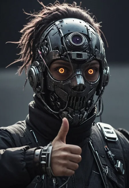 Thumb-up pose, dim light, low light, dramatic light, partially covered in shadow, photo in phst artstyle, mechanical parts, wires, cables, cyberpunk, closeup portrait of excentric angry spaceage ninja with a half robot face, glowing eye, Planet head, bleaked purple-turqoise and grey colored, closeup photo of an wired-cyborg assassin with half robot face wearing a black high collar parka, solo, thumb up, woman, high collar parka, upper body,, female focus, crepuscular rays, volumetric lighting, ultra detailed, deep Blacks, very detailed, atmospheric haze, Film grain, cinematic film still, shallow depth of field, highly detailed, high budget, cinemascope, moody, epic, OverallDetail, 2000s vintage RAW photo, photorealistic, candid camera, color graded cinematic, eye catchlights, atmospheric lighting, imperfections, natural, shallow dof