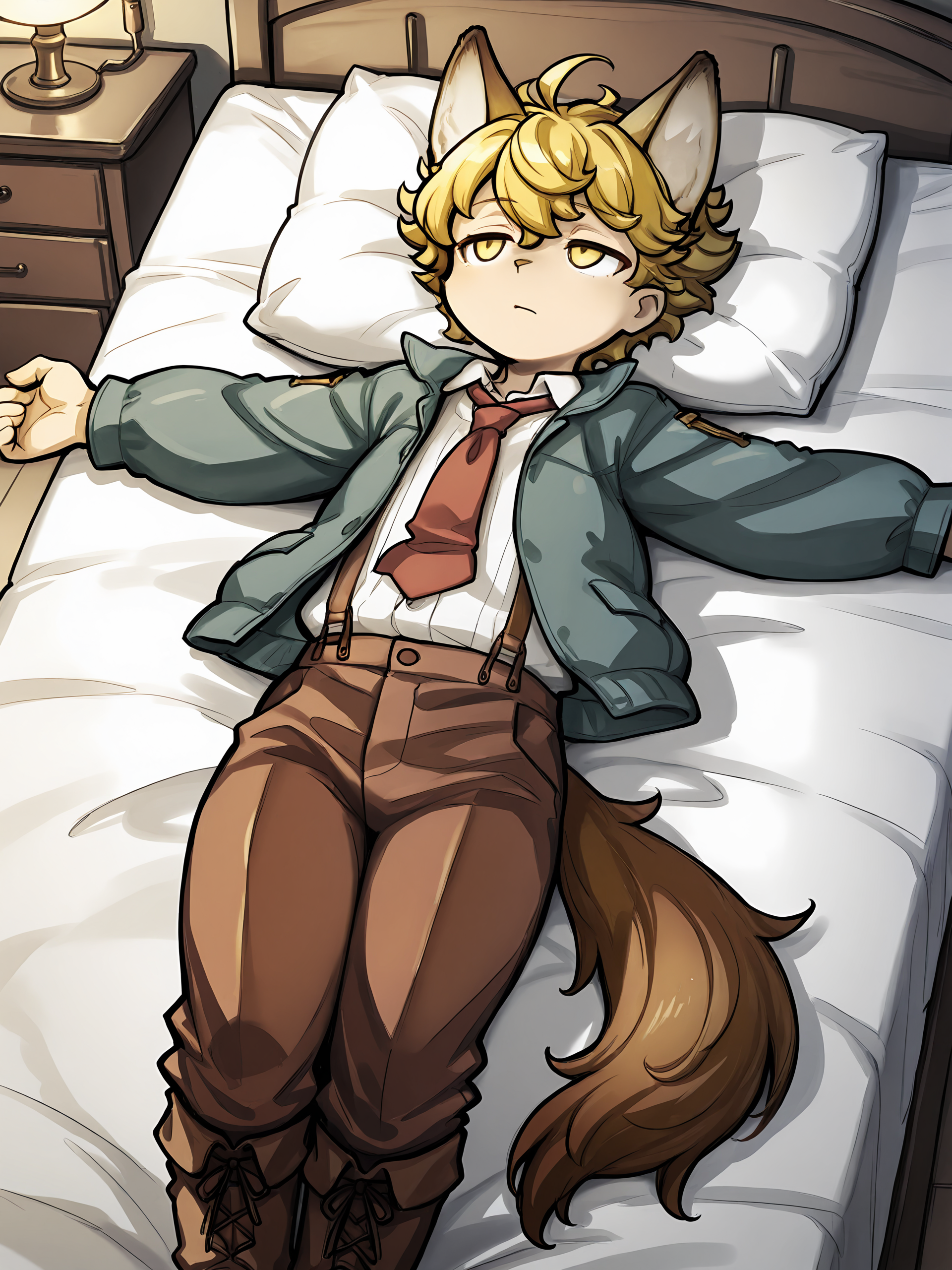 masterpiece, best quality, (absurdres), (highest quality), amazing quality, very aesthetic, no humans,
BREAK, <lora:Malt_Marzipan:1>, malt marzipan, fuga: melodies of steel, young male, 1boy, animal ears, yellow eyes, blonde hair, tail,
BREAK, boots, brown pants, jacket, necktie,
BREAK, inside, on back, bed, legs together, spread arms, high angle view, bored, narrowed eyes, :|