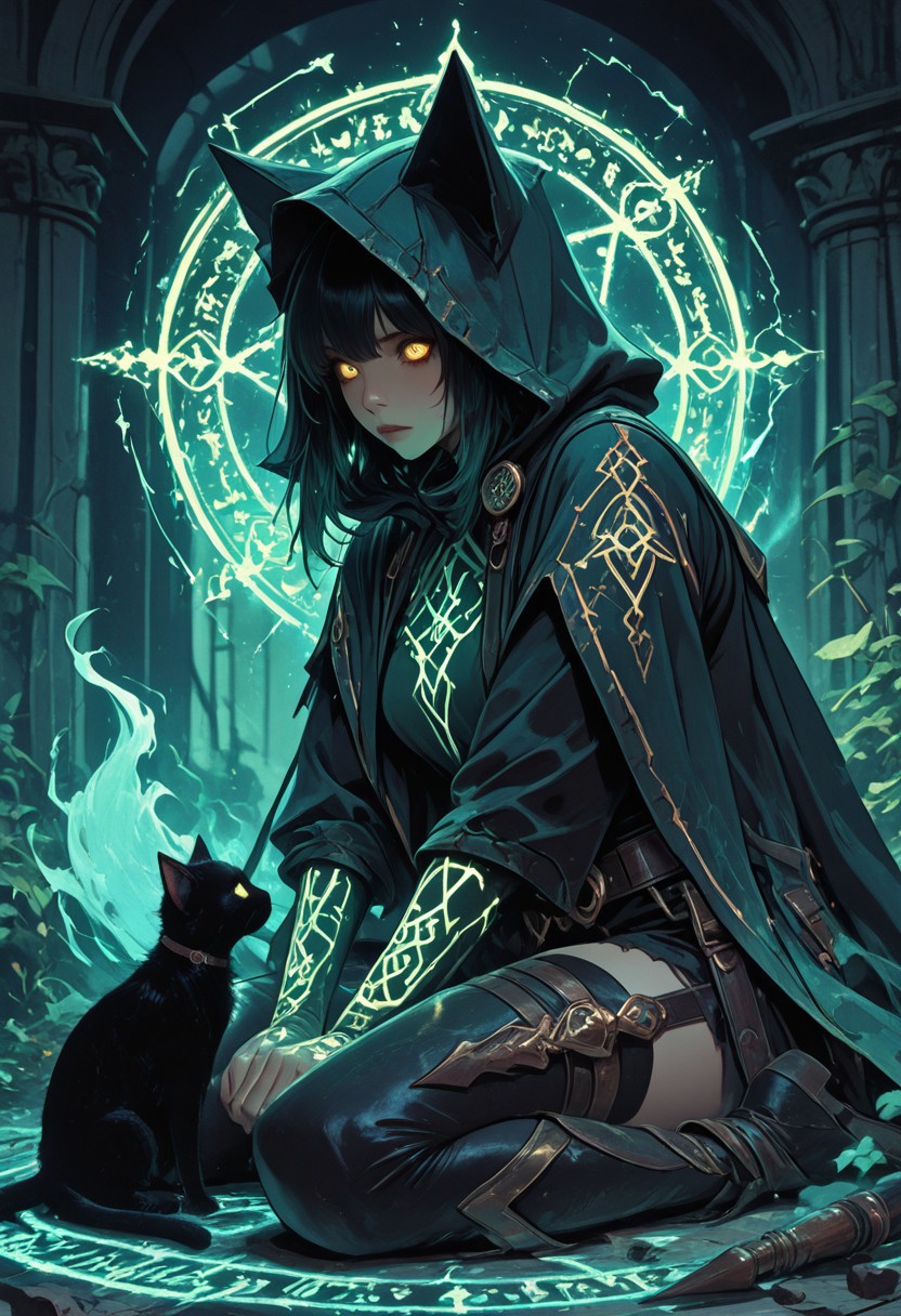 (masterpiece), (best quality), (8k), magical black cat, small cat, glowing runes on fur, oversized tattered hooded cloak, hood covering most of head, glowing yellow tired eyes, sitting on broken arcane circle, celestial magic in background, magic scrolls near tail, ancient spellbook beside paw, cosmic glyphs floating around, floating hourglass shards, magical smoke rising from body, divine aura, looks exhausted but powerful,
