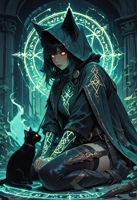 (masterpiece), (best quality), (8k), magical black cat, small cat, glowing runes on fur, oversized tattered hooded cloak, hood covering most of head, glowing yellow tired eyes, sitting on broken arcane circle, celestial magic in background, magic scrolls near tail, ancient spellbook beside paw, cosmic glyphs floating around, floating hourglass shards, magical smoke rising from body, divine aura, looks exhausted but powerful,