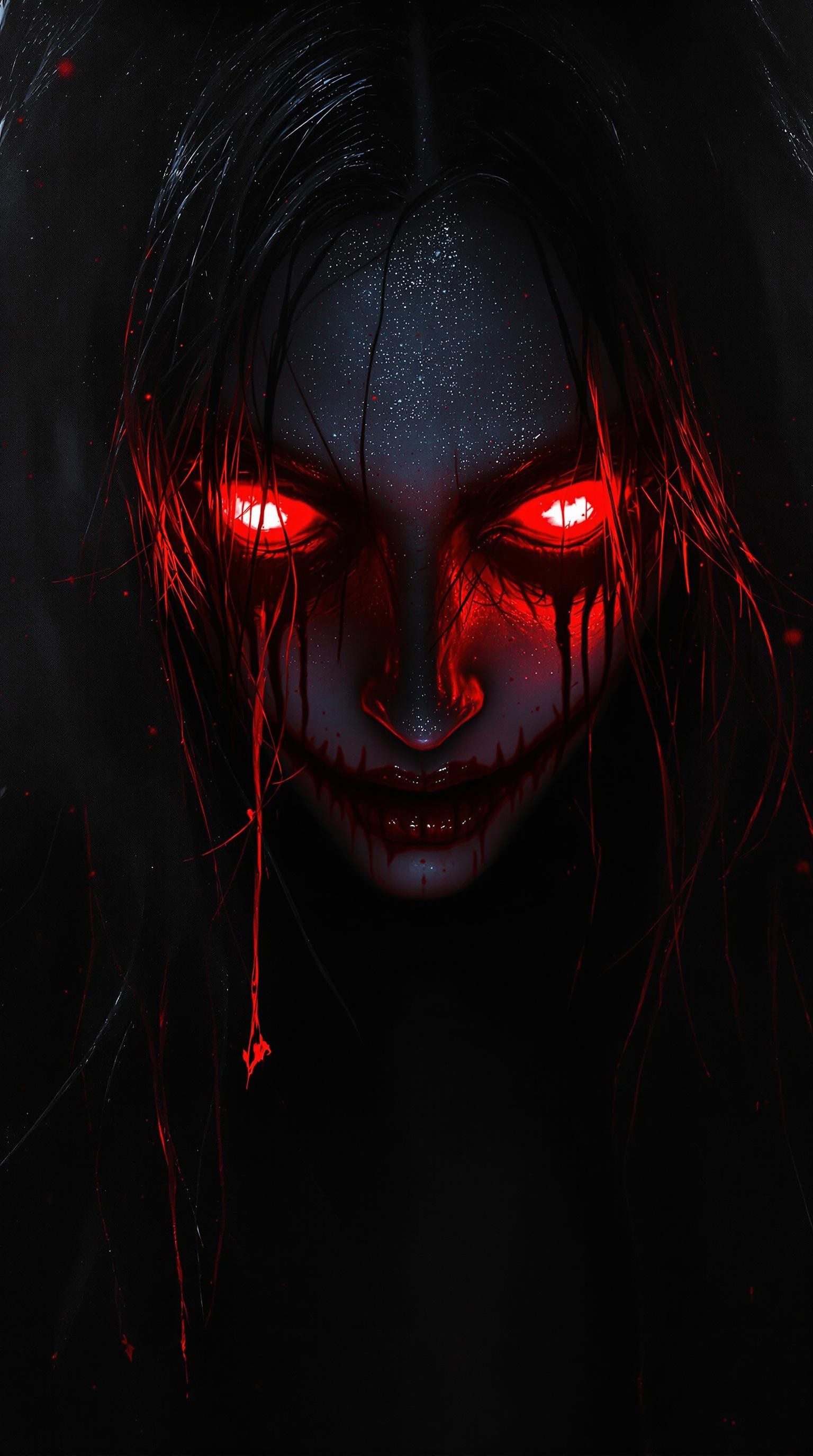 in darkness, dark, demonic girl's face, glowing red eyes, long mess hair, brutal composition, scary horror, jaded, visually captivating and hauntingly beautiful, emotional, sadistic, psycho, gloomy, dramatic, 4k, high quality, hd wallpaper, photo shoot, impasto style, finger painting style