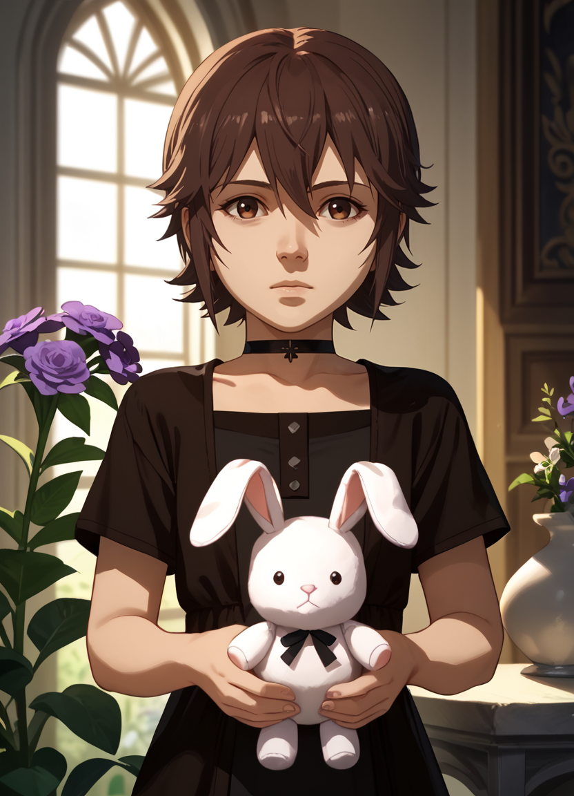 (score_9, score_8_up:1.1), score_7_up, official art, official wallpaper, irisamicitia, choker, black dress, short sleeves <lora:IrisAmicitia_BH_(PonyXL):1>, solo focus, upper body, concept art, holding stuffed toy, stuffed rabbit, iris \(flower\), purple flower,