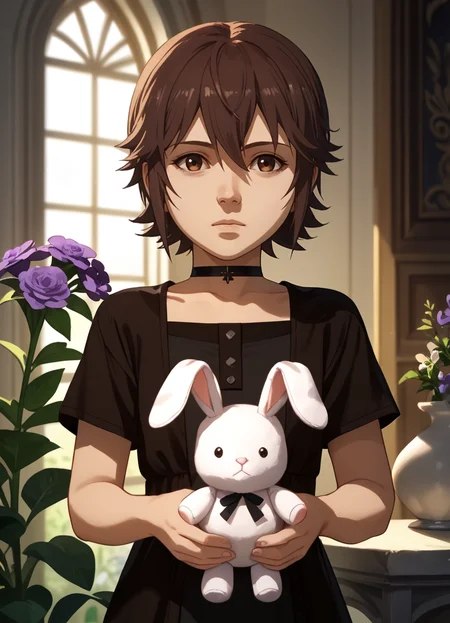 (score_9, score_8_up:1.1), score_7_up, official art, official wallpaper, irisamicitia, choker, black dress, short sleeves <lora:IrisAmicitia_BH_(PonyXL):1>, solo focus, upper body, concept art, holding stuffed toy, stuffed rabbit, iris \(flower\), purple flower,