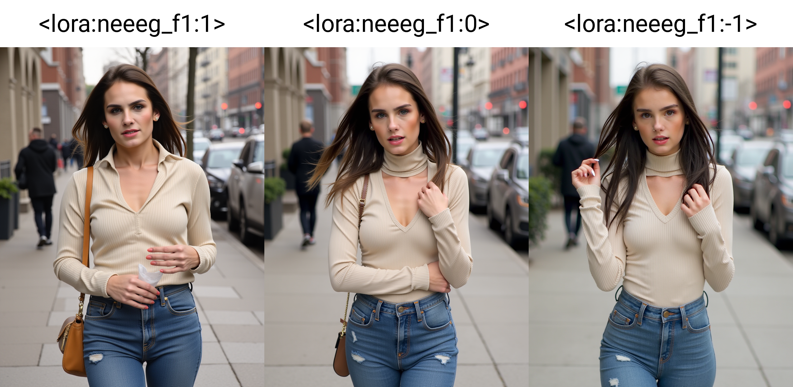 The subject of this piece is a mesmerizing young woman with an effortless air of sophistication. She strides effortlessly through the city streets, her dark hair styled in subtle, loose waves that frame her heart-shaped face, accentuating the bright brown hues of her eyes - pools of warmth and intimacy that sparkle with every step. Her attire, reminiscent of 1950s chic, boasts a snug-fitting turtle neck sweater in soft ecru tones, paired perfectly with fitted high-waisted jeans whose faded spots tell tales of previous adventures." About town" is not merely an expression but a declaration - this woman embodies the dynamic freedom of urban explorations, her style and confidence as unshakably ingrained."<lora:neeeg_f1:1> <lora:knight_f1:1>