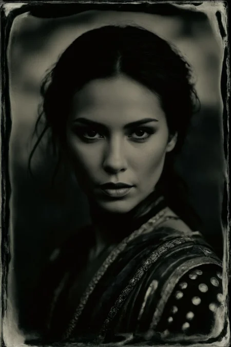 monochrome (wetplatecollodion:1.2),
a european woman wearing ancient warrior outfit,
elegant, elbows out, silhouette, nature,
selective focus, scratches
<lora:fix_hands:1>
<lora:Wet Plate Collodion_SDXLBase-000002:1>