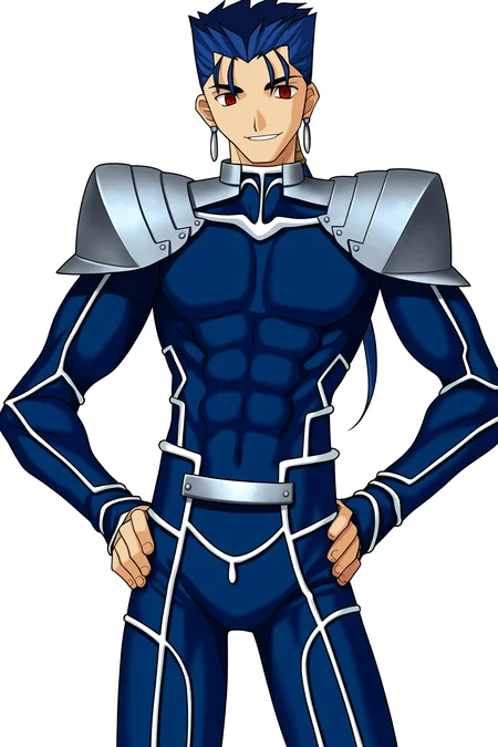fatesnha, oekaki, solo, long hair, smile, 1boy, red eyes, jewelry, blue hair, male focus, ponytail, earrings, armor, bodysuit, transparent background, shoulder armor, pauldrons, hands on own hips, oekaki, blue bodysuit, cu chulainn \(fate\), cu chulainn \(fate/stay night\), 
(masterpiece, best quality, absurdres, highres, newest, very awa:1.2), 