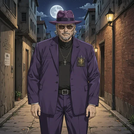 <lora:Hyper-SDXL-8steps-lora:1> 1boy, solo, old man, grey hair, beard, sunglasses, purple fedora, purple suit, alley, detective, night, moon, <lora:Yoji_v2:1> , yoji_shinkawa