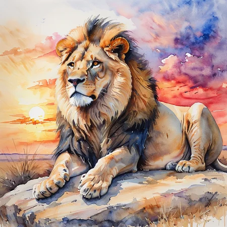 masterpiece, best quality, <lora:add-detail-xl:1> <lora:ArsMJStyle_-_Watercolor_SD_1.5_Pony:0.8> ArsMJStyle, Watercolor A majestic lion resting on a rock in the African savanna, with a dramatic sunset in the background.
