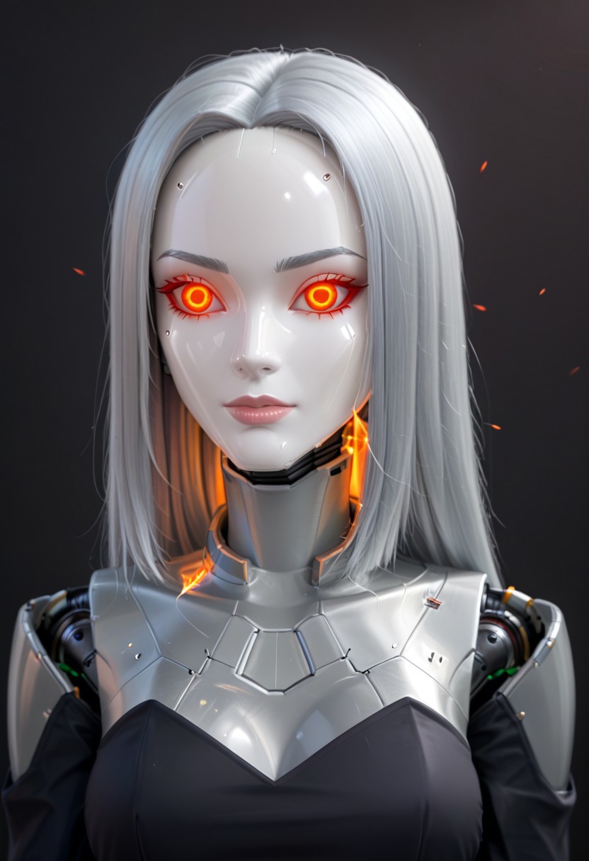 A 35mm photo of a beautiful broken robotic woman, she has a faceless robotic head, robot, silver hair, smooth dark grey metallic featureless feminine body, sparks coming from her broken neck
no face