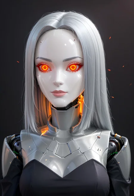 A 35mm photo of a beautiful broken robotic woman, she has a faceless robotic head, robot, silver hair, smooth dark grey metallic featureless feminine body, sparks coming from her broken neck
no face